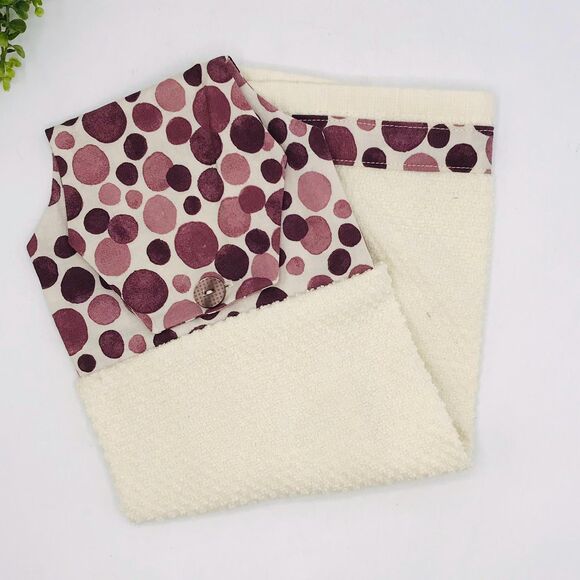 Hanging Kitchen Towel: Faded Plum Purple Dots Topper, Button Closure - Picture 5 of 5